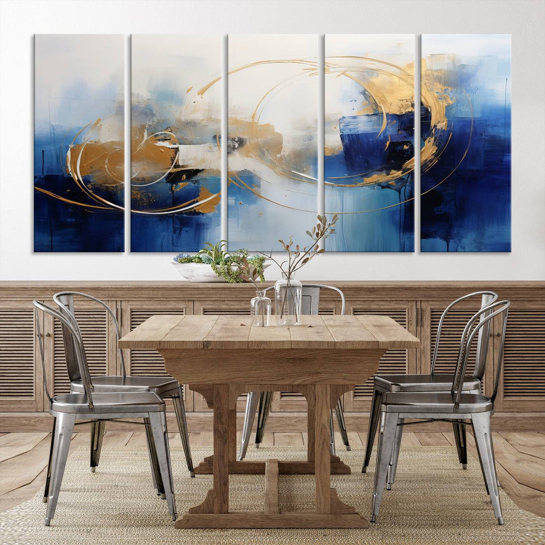 The Navy Blue Abstract Wall Art Canvas Print, featuring a UV-protective coating and a ready-to-hang design, enhances the living room wall. Crafted on museum-quality canvas, its vibrant hues ensure enduring brilliance.