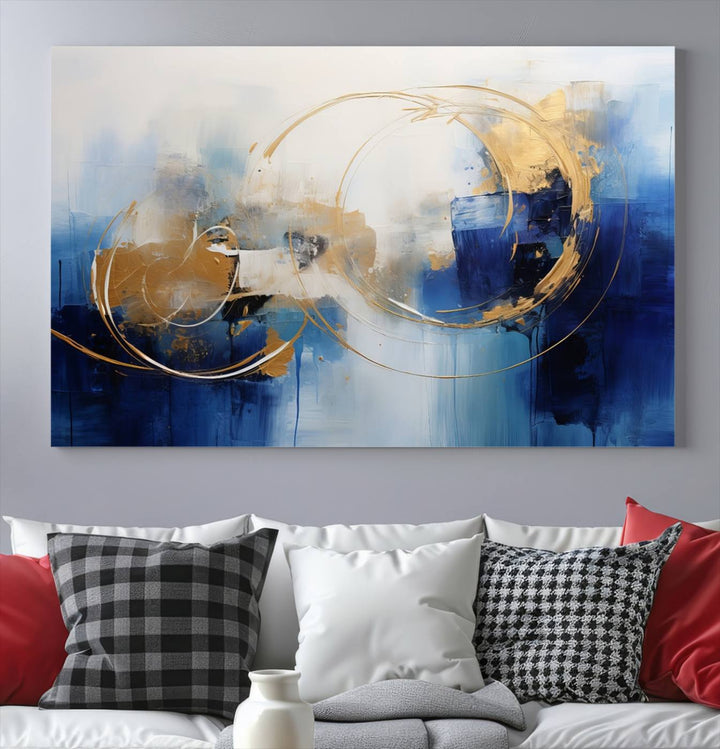 The Navy Blue Abstract Wall Art Canvas Print, featuring a UV-protective coating and a ready-to-hang design, enhances the living room wall. Crafted on museum-quality canvas, its vibrant hues ensure enduring brilliance.