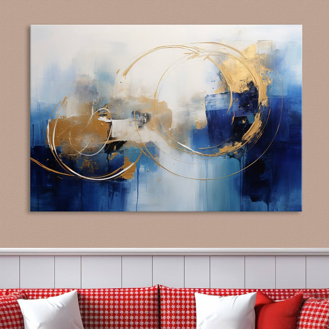 The Navy Blue Abstract Wall Art Canvas Print, featuring a UV-protective coating and a ready-to-hang design, enhances the living room wall. Crafted on museum-quality canvas, its vibrant hues ensure enduring brilliance.