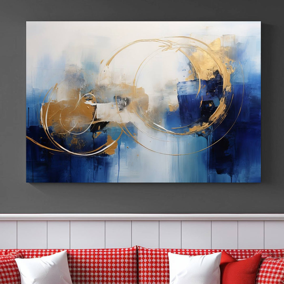 The Navy Blue Abstract Wall Art Canvas Print, featuring a UV-protective coating and a ready-to-hang design, enhances the living room wall. Crafted on museum-quality canvas, its vibrant hues ensure enduring brilliance.