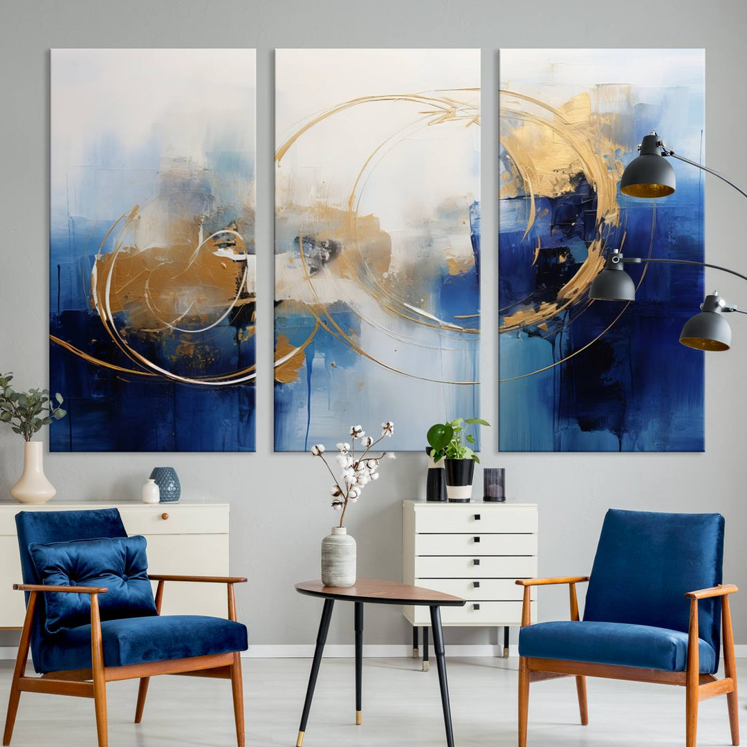 The Navy Blue Abstract Wall Art Canvas Print, featuring a UV-protective coating and a ready-to-hang design, enhances the living room wall. Crafted on museum-quality canvas, its vibrant hues ensure enduring brilliance.