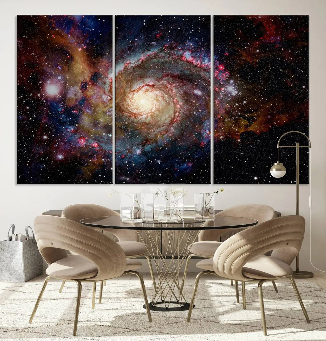 The modern living room is adorned with the Nebula and Galaxies in Space Wall Art, a spiral galaxy canvas print that showcases high-resolution details on museum-quality canvas. The UV-protective coating ensures its stunning allure is preserved.