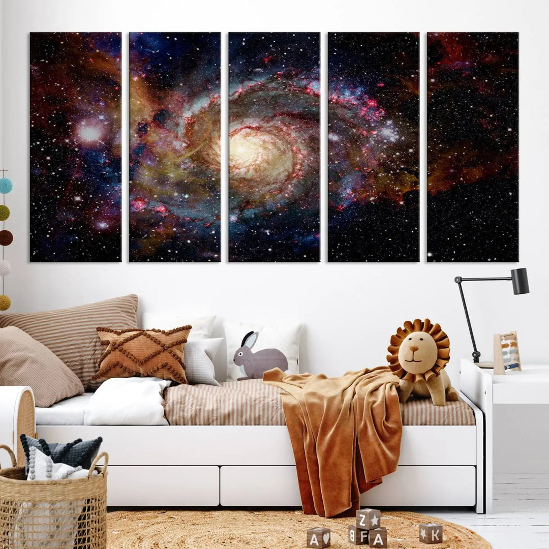 The modern living room is adorned with the Nebula and Galaxies in Space Wall Art, a spiral galaxy canvas print that showcases high-resolution details on museum-quality canvas. The UV-protective coating ensures its stunning allure is preserved.