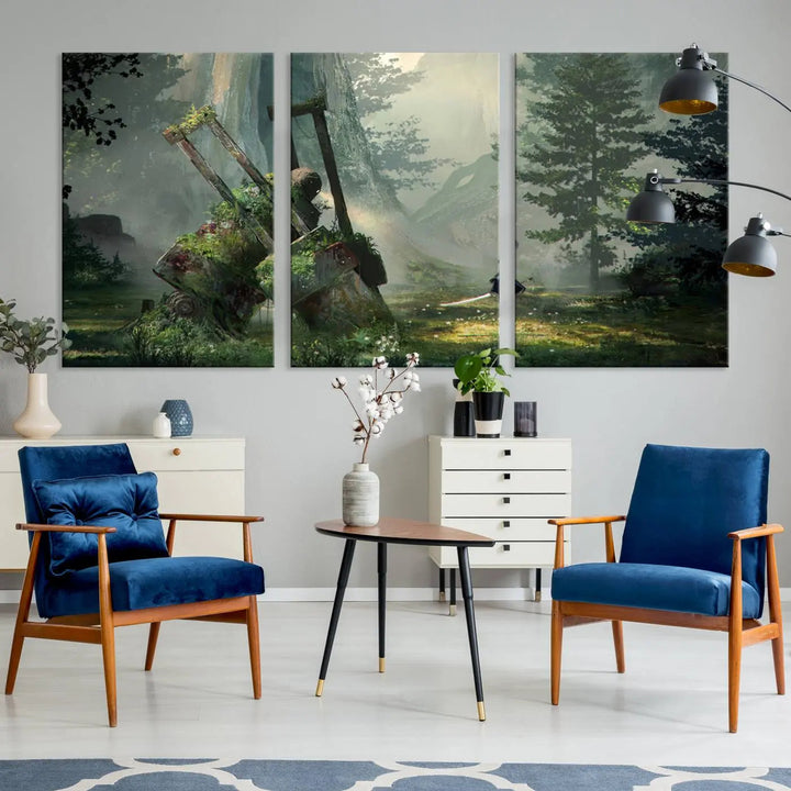 A living room showcases a framed multi-panel canvas print wall art titled "NieR Automata Video Game Wall Art Canvas Print." This museum-quality piece is ready to hang and depicts a misty forest with an old machine.