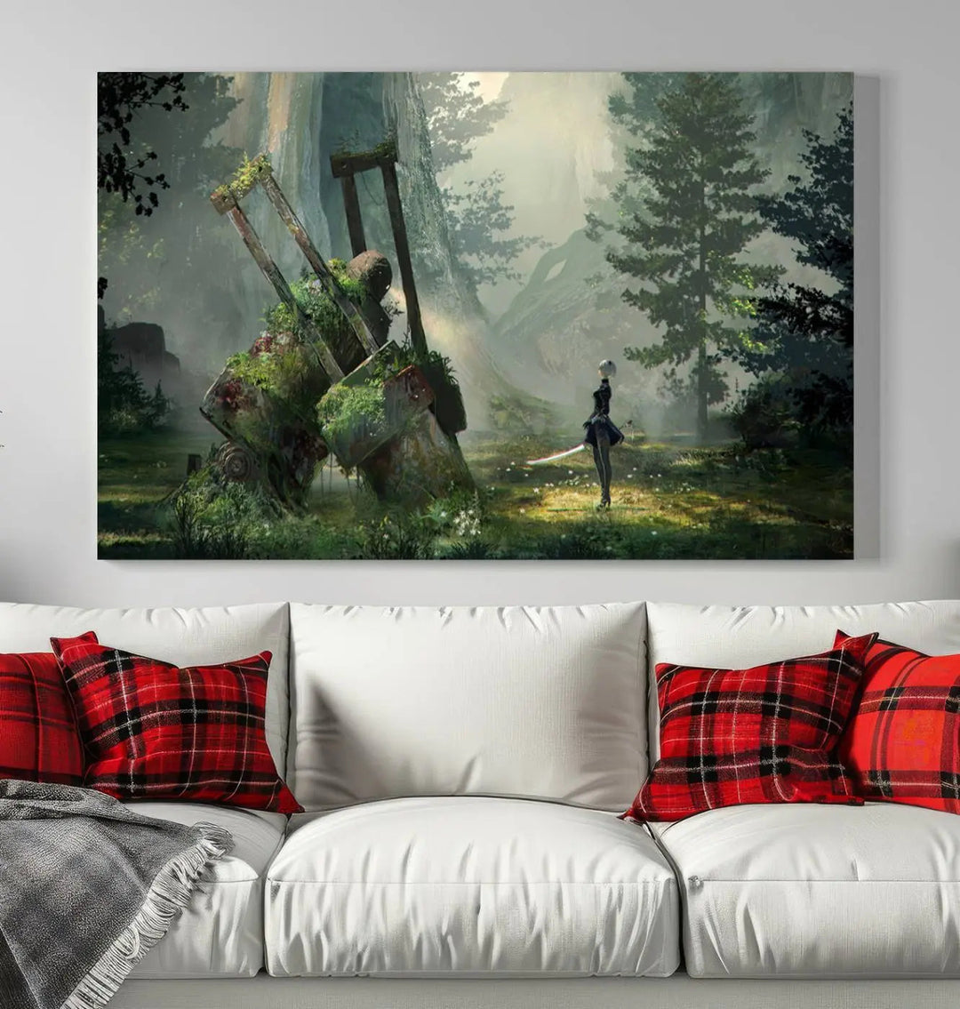 A living room showcases a framed multi-panel canvas print wall art titled "NieR Automata Video Game Wall Art Canvas Print." This museum-quality piece is ready to hang and depicts a misty forest with an old machine.