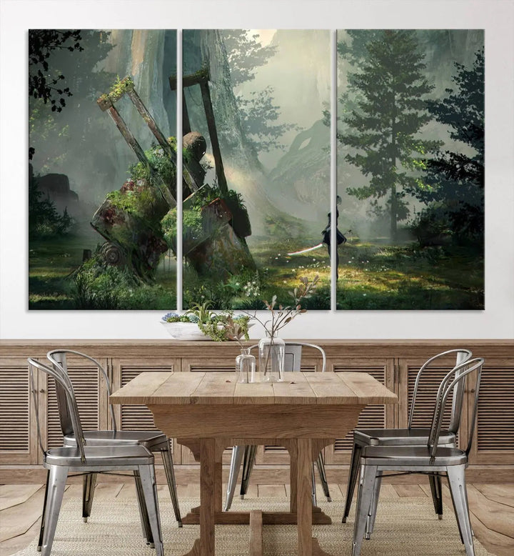 A living room showcases a framed multi-panel canvas print wall art titled "NieR Automata Video Game Wall Art Canvas Print." This museum-quality piece is ready to hang and depicts a misty forest with an old machine.