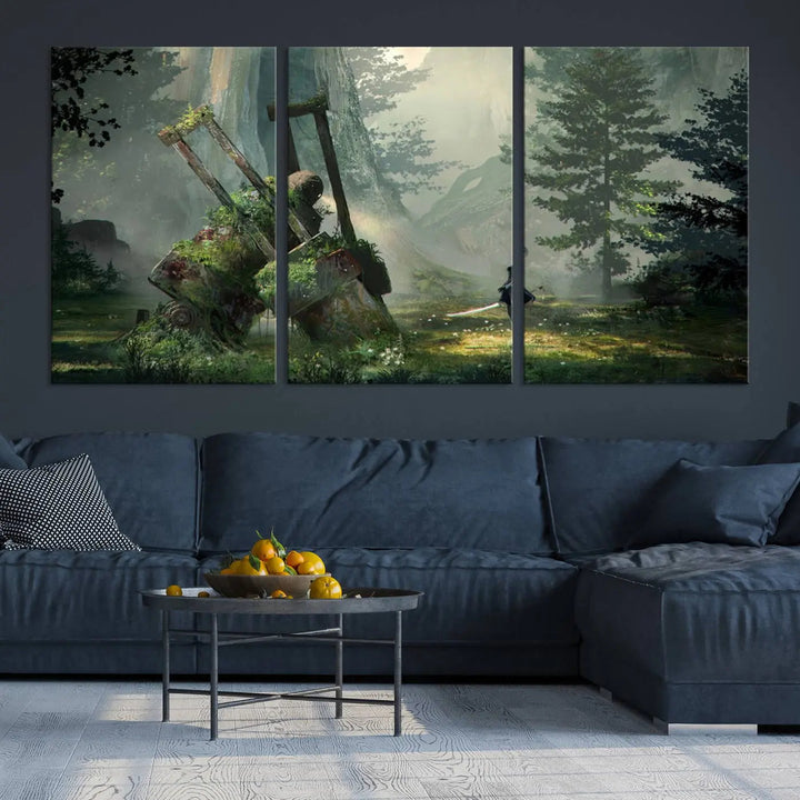 A living room showcases a framed multi-panel canvas print wall art titled "NieR Automata Video Game Wall Art Canvas Print." This museum-quality piece is ready to hang and depicts a misty forest with an old machine.