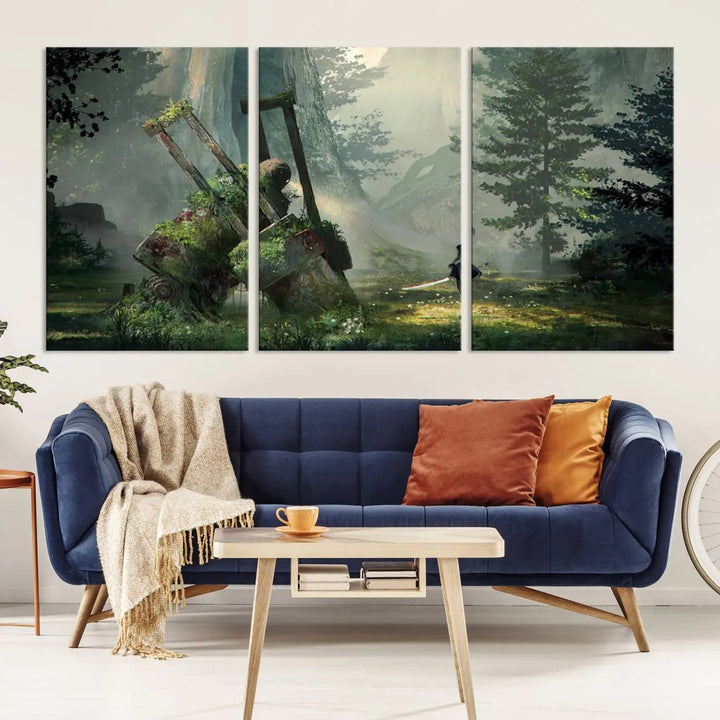 A living room showcases a framed multi-panel canvas print wall art titled "NieR Automata Video Game Wall Art Canvas Print." This museum-quality piece is ready to hang and depicts a misty forest with an old machine.