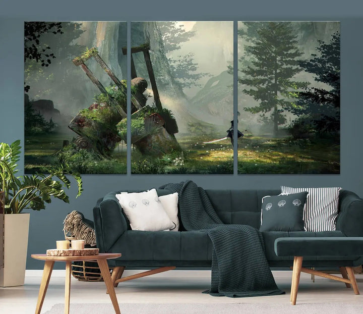 A living room showcases a framed multi-panel canvas print wall art titled "NieR Automata Video Game Wall Art Canvas Print." This museum-quality piece is ready to hang and depicts a misty forest with an old machine.