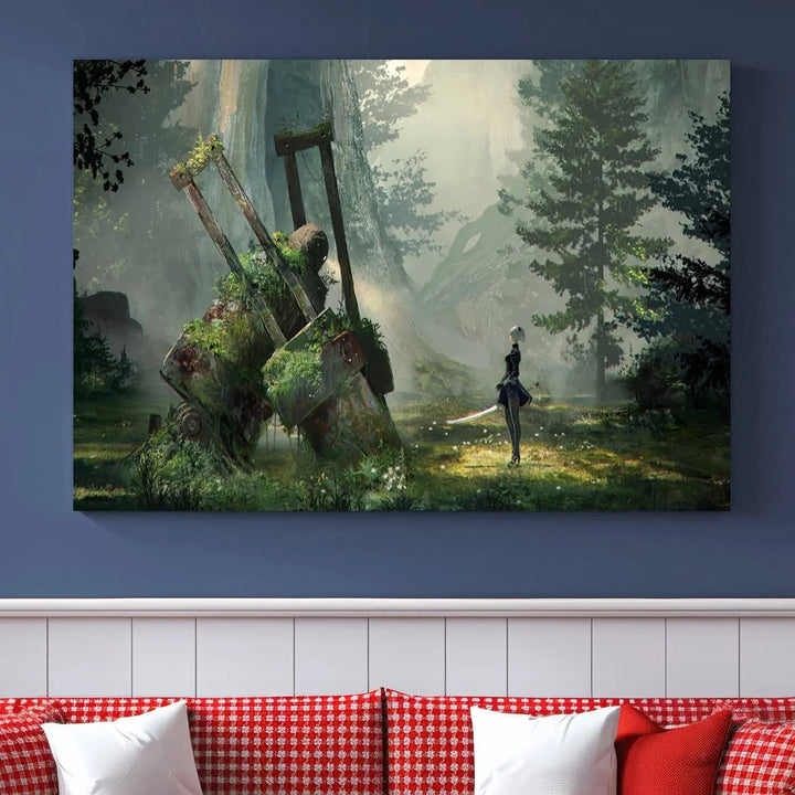 A living room showcases a framed multi-panel canvas print wall art titled "NieR Automata Video Game Wall Art Canvas Print." This museum-quality piece is ready to hang and depicts a misty forest with an old machine.