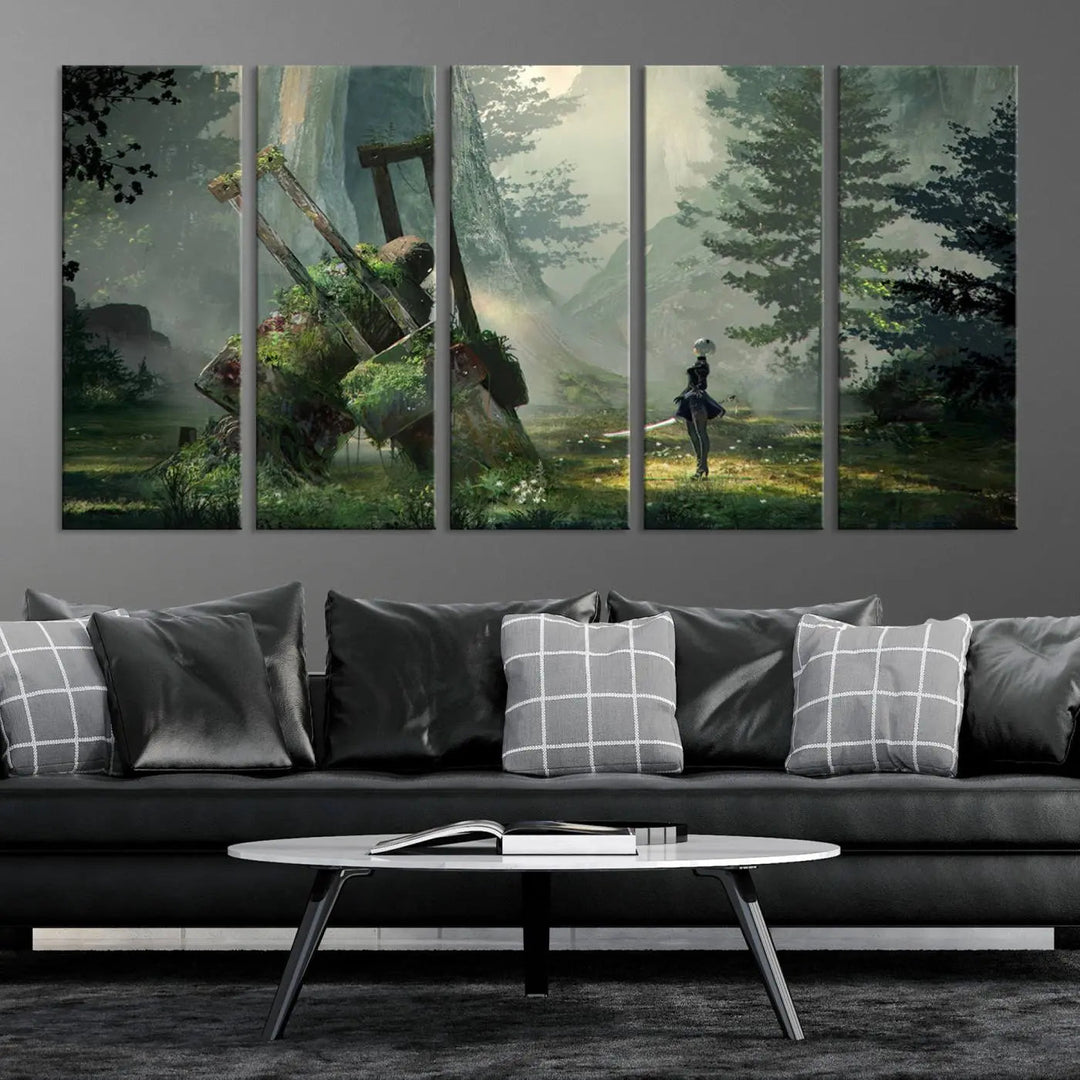 A living room showcases a framed multi-panel canvas print wall art titled "NieR Automata Video Game Wall Art Canvas Print." This museum-quality piece is ready to hang and depicts a misty forest with an old machine.