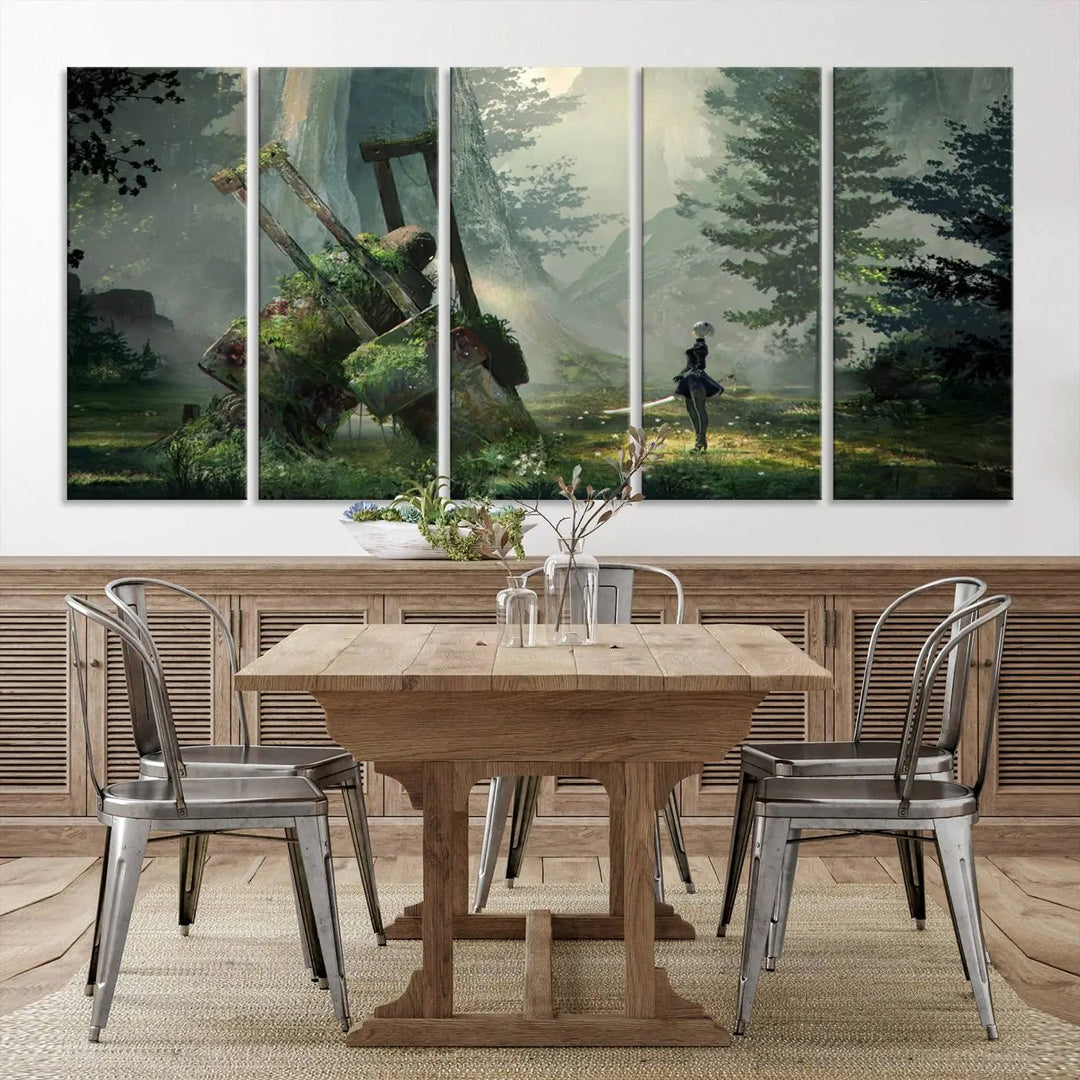 A living room showcases a framed multi-panel canvas print wall art titled "NieR Automata Video Game Wall Art Canvas Print." This museum-quality piece is ready to hang and depicts a misty forest with an old machine.