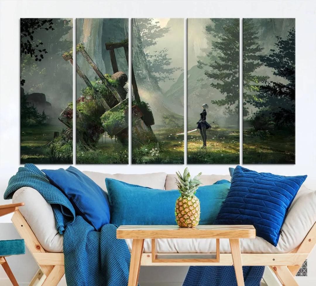 A living room showcases a framed multi-panel canvas print wall art titled "NieR Automata Video Game Wall Art Canvas Print." This museum-quality piece is ready to hang and depicts a misty forest with an old machine.