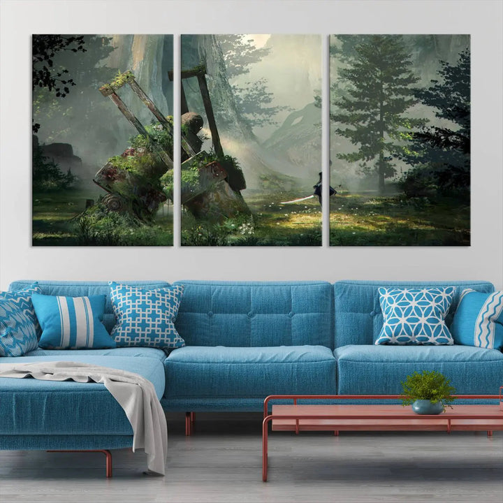 A living room showcases a framed multi-panel canvas print wall art titled "NieR Automata Video Game Wall Art Canvas Print." This museum-quality piece is ready to hang and depicts a misty forest with an old machine.