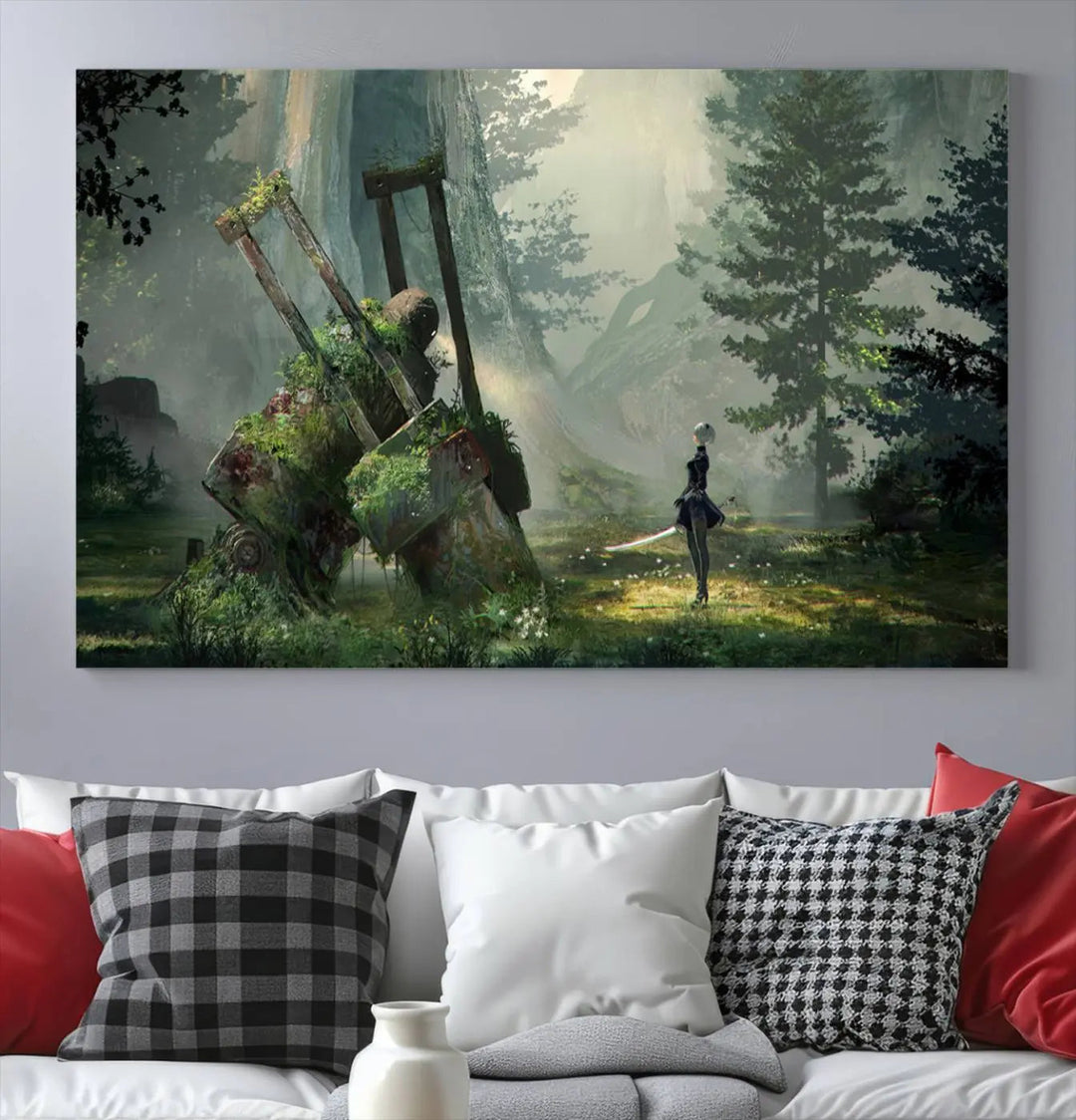 A living room showcases a framed multi-panel canvas print wall art titled "NieR Automata Video Game Wall Art Canvas Print." This museum-quality piece is ready to hang and depicts a misty forest with an old machine.