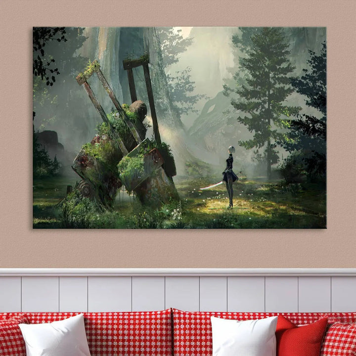 A living room showcases a framed multi-panel canvas print wall art titled "NieR Automata Video Game Wall Art Canvas Print." This museum-quality piece is ready to hang and depicts a misty forest with an old machine.