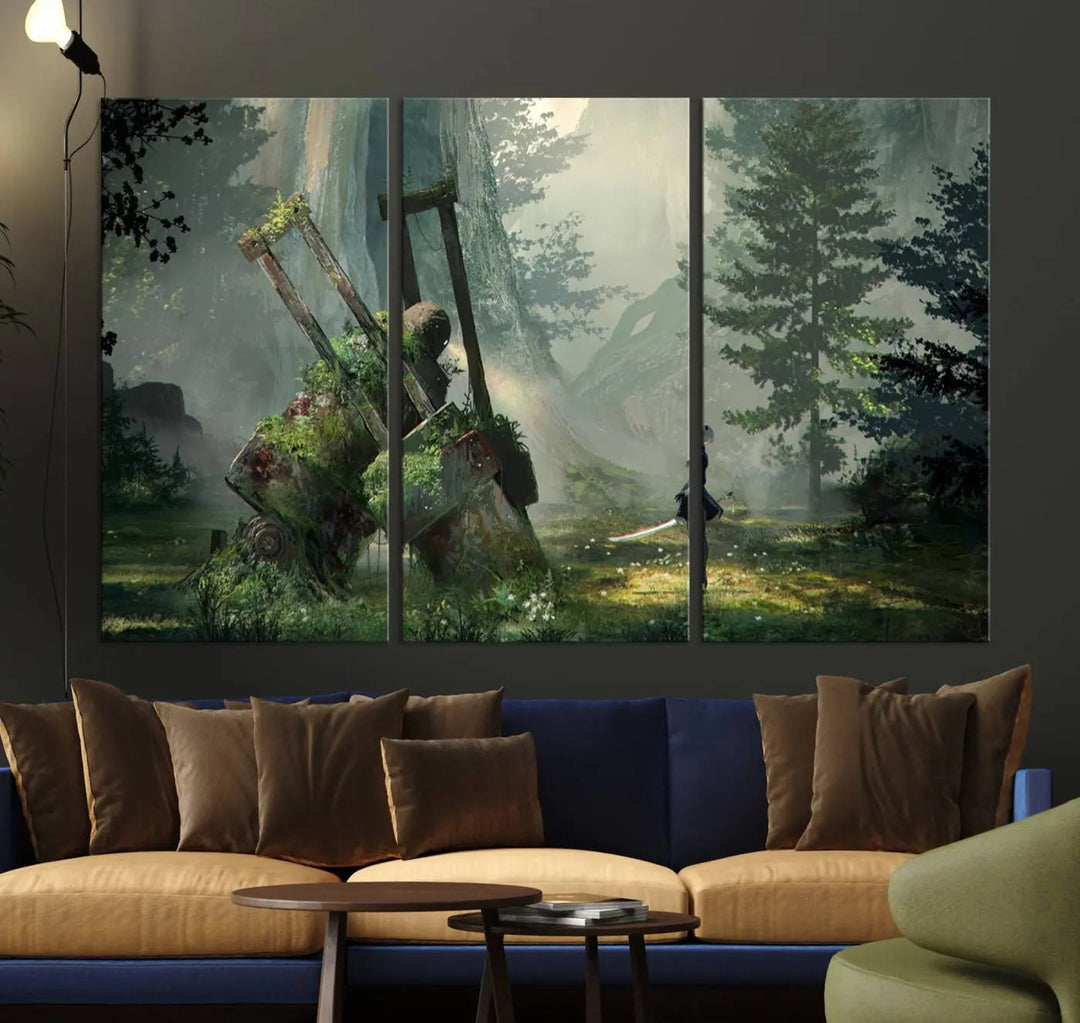 A living room showcases a framed multi-panel canvas print wall art titled "NieR Automata Video Game Wall Art Canvas Print." This museum-quality piece is ready to hang and depicts a misty forest with an old machine.