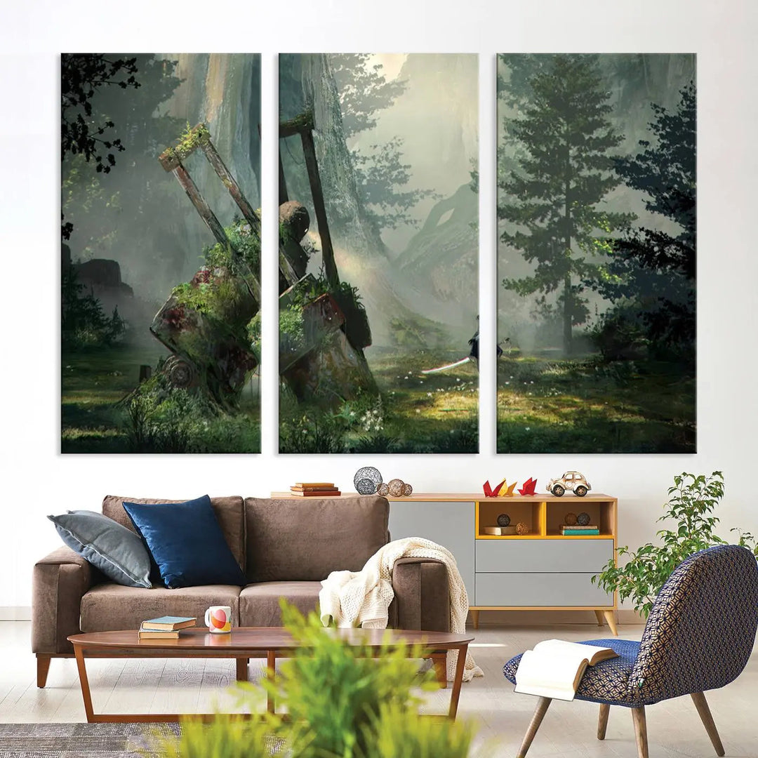 A living room showcases a framed multi-panel canvas print wall art titled "NieR Automata Video Game Wall Art Canvas Print." This museum-quality piece is ready to hang and depicts a misty forest with an old machine.