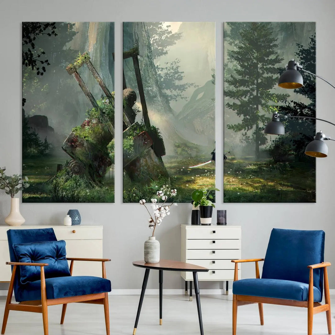 A living room showcases a framed multi-panel canvas print wall art titled "NieR Automata Video Game Wall Art Canvas Print." This museum-quality piece is ready to hang and depicts a misty forest with an old machine.