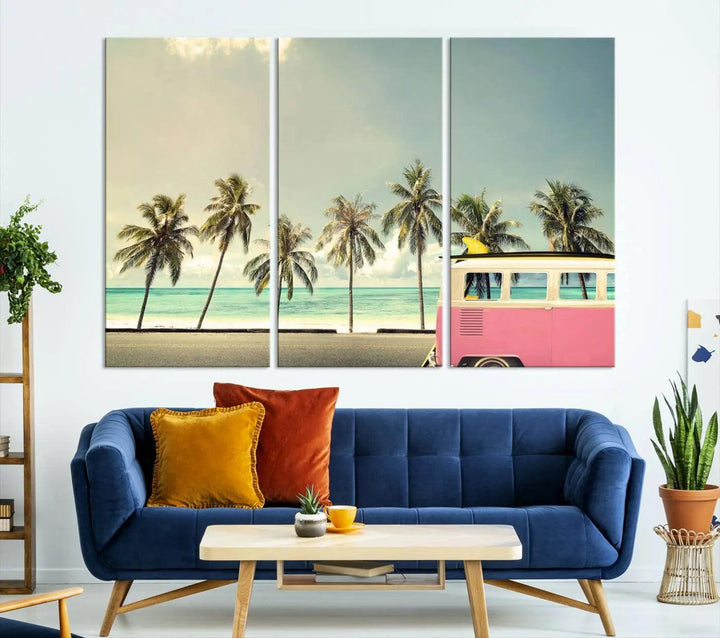 The Nostalgia Lovely Summer Day Canvas Wall Art Print in the modern living room showcases a tropical triptych with palm trees and a vintage van on museum-quality canvases, ready to hang.