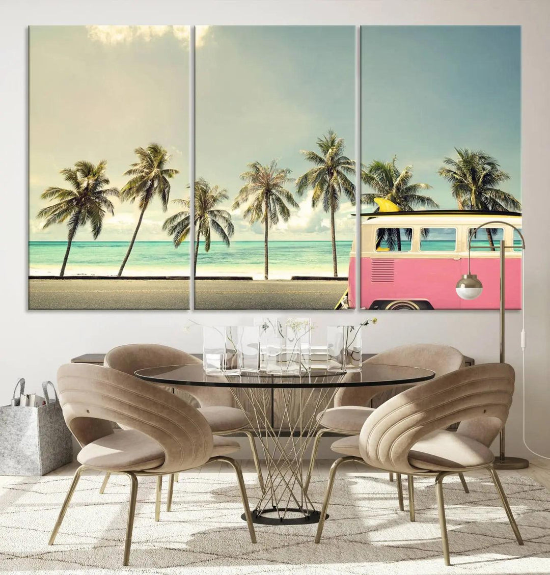 The Nostalgia Lovely Summer Day Canvas Wall Art Print in the modern living room showcases a tropical triptych with palm trees and a vintage van on museum-quality canvases, ready to hang.