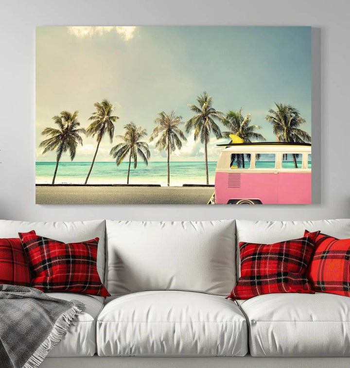 The Nostalgia Lovely Summer Day Canvas Wall Art Print in the modern living room showcases a tropical triptych with palm trees and a vintage van on museum-quality canvases, ready to hang.