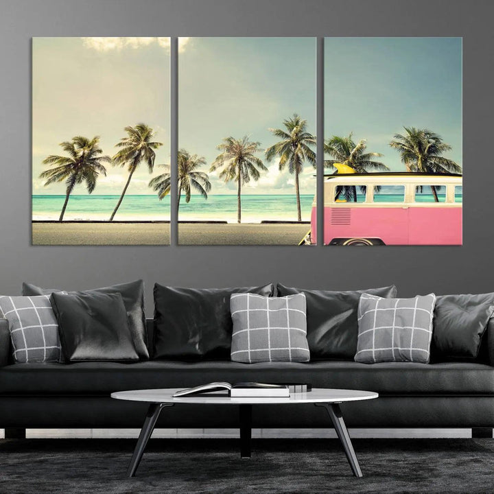 The Nostalgia Lovely Summer Day Canvas Wall Art Print in the modern living room showcases a tropical triptych with palm trees and a vintage van on museum-quality canvases, ready to hang.