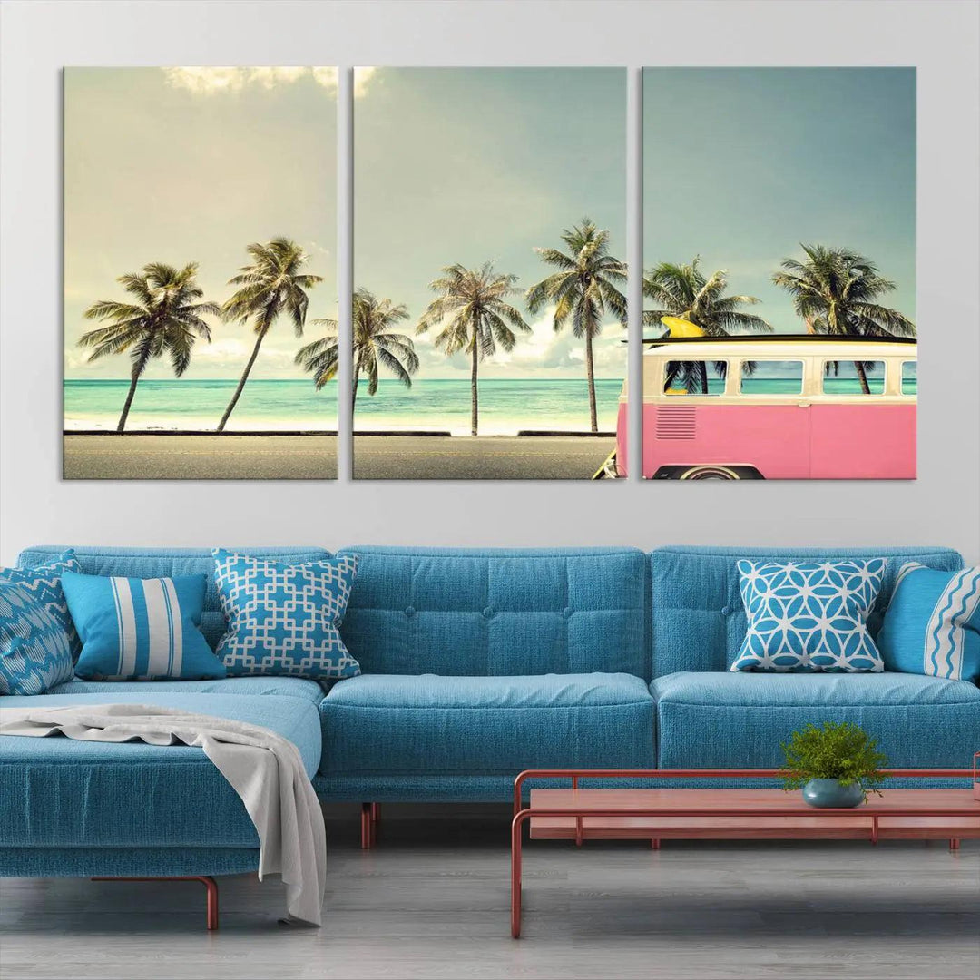 The Nostalgia Lovely Summer Day Canvas Wall Art Print in the modern living room showcases a tropical triptych with palm trees and a vintage van on museum-quality canvases, ready to hang.