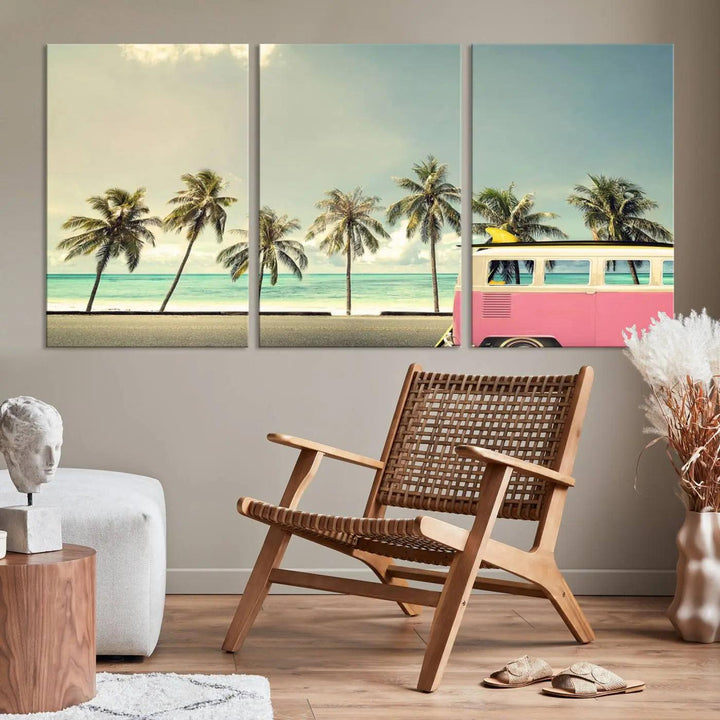 The Nostalgia Lovely Summer Day Canvas Wall Art Print in the modern living room showcases a tropical triptych with palm trees and a vintage van on museum-quality canvases, ready to hang.