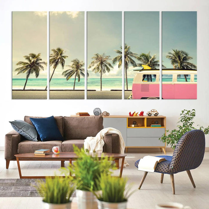 The Nostalgia Lovely Summer Day Canvas Wall Art Print in the modern living room showcases a tropical triptych with palm trees and a vintage van on museum-quality canvases, ready to hang.