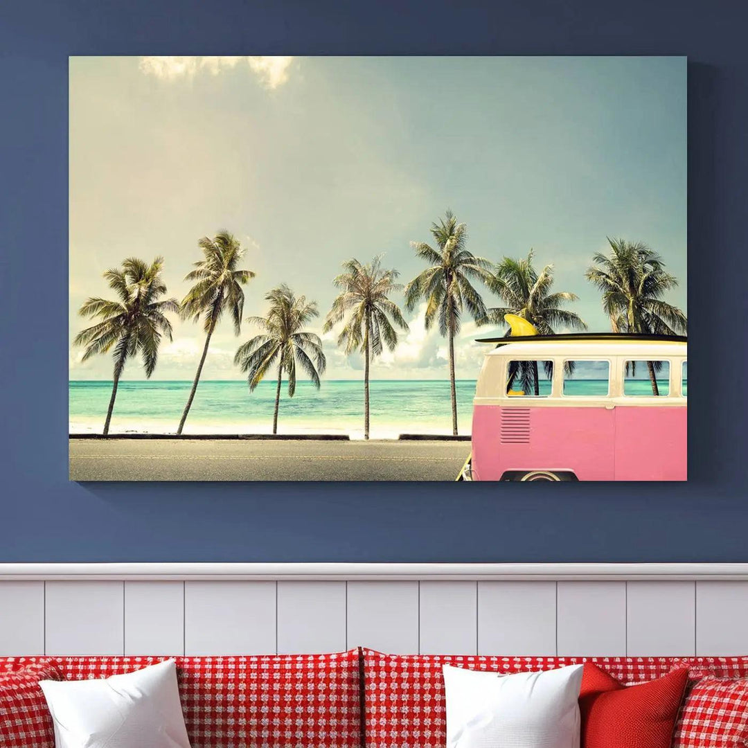 The Nostalgia Lovely Summer Day Canvas Wall Art Print in the modern living room showcases a tropical triptych with palm trees and a vintage van on museum-quality canvases, ready to hang.