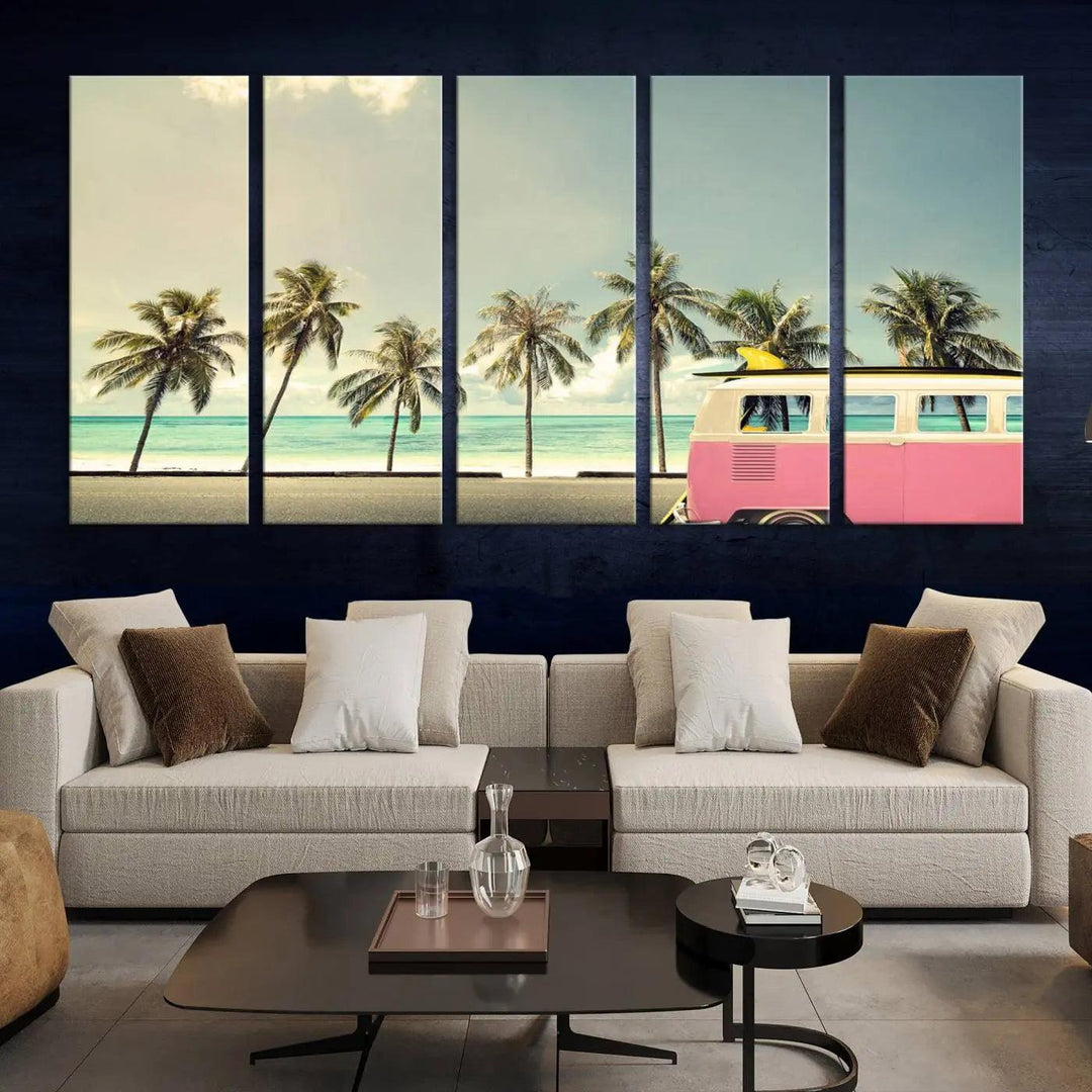 The Nostalgia Lovely Summer Day Canvas Wall Art Print in the modern living room showcases a tropical triptych with palm trees and a vintage van on museum-quality canvases, ready to hang.