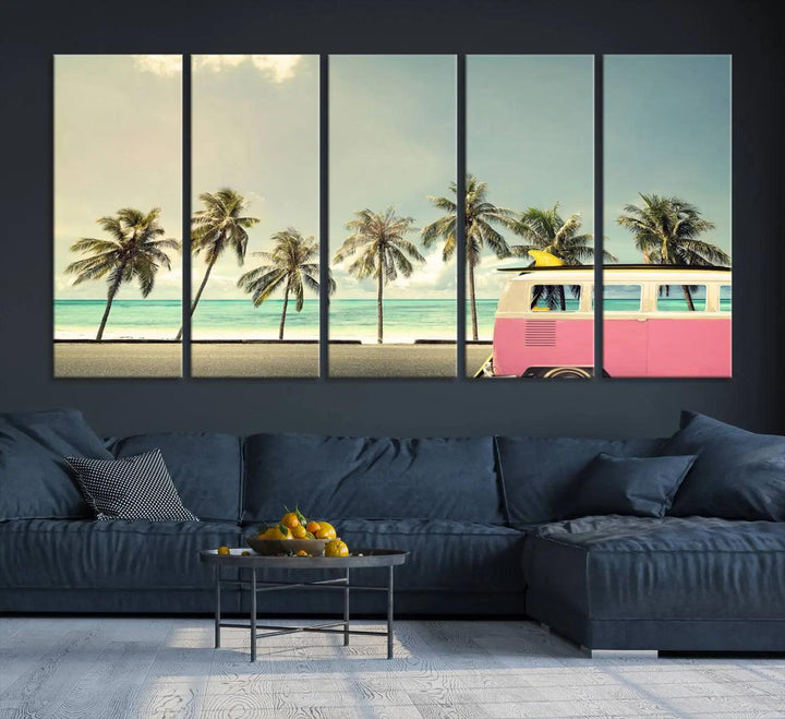 The Nostalgia Lovely Summer Day Canvas Wall Art Print in the modern living room showcases a tropical triptych with palm trees and a vintage van on museum-quality canvases, ready to hang.