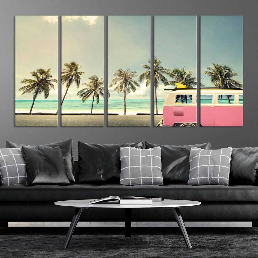 The Nostalgia Lovely Summer Day Canvas Wall Art Print in the modern living room showcases a tropical triptych with palm trees and a vintage van on museum-quality canvases, ready to hang.