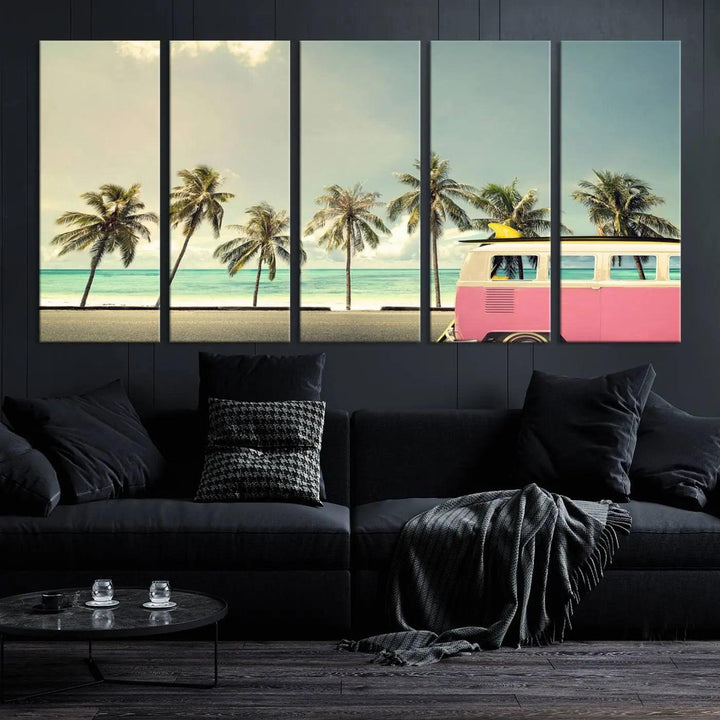 The Nostalgia Lovely Summer Day Canvas Wall Art Print in the modern living room showcases a tropical triptych with palm trees and a vintage van on museum-quality canvases, ready to hang.