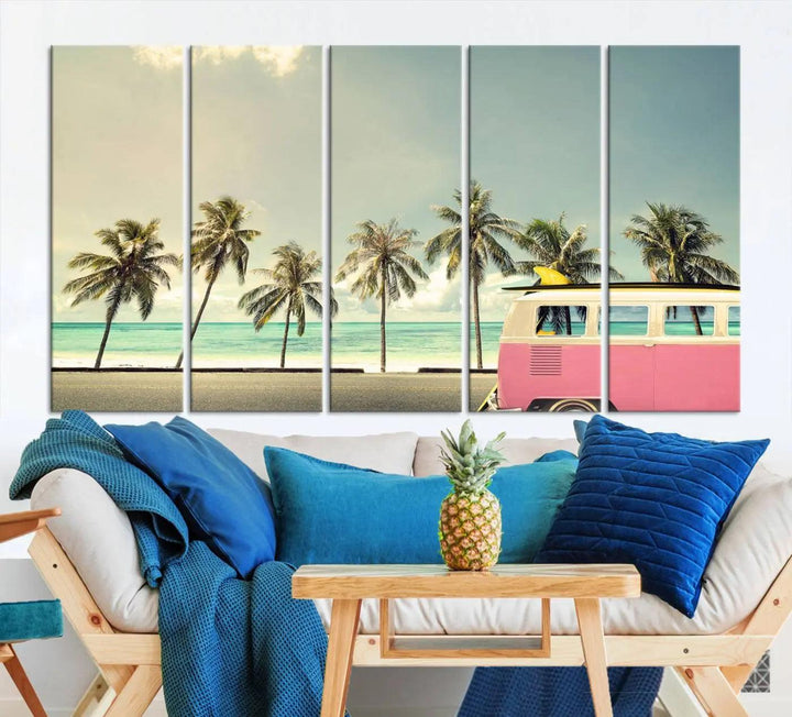 The Nostalgia Lovely Summer Day Canvas Wall Art Print in the modern living room showcases a tropical triptych with palm trees and a vintage van on museum-quality canvases, ready to hang.