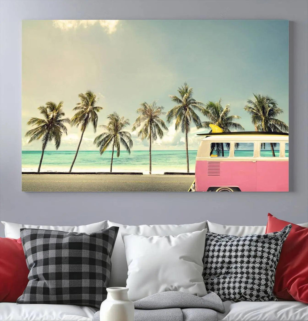 The Nostalgia Lovely Summer Day Canvas Wall Art Print in the modern living room showcases a tropical triptych with palm trees and a vintage van on museum-quality canvases, ready to hang.