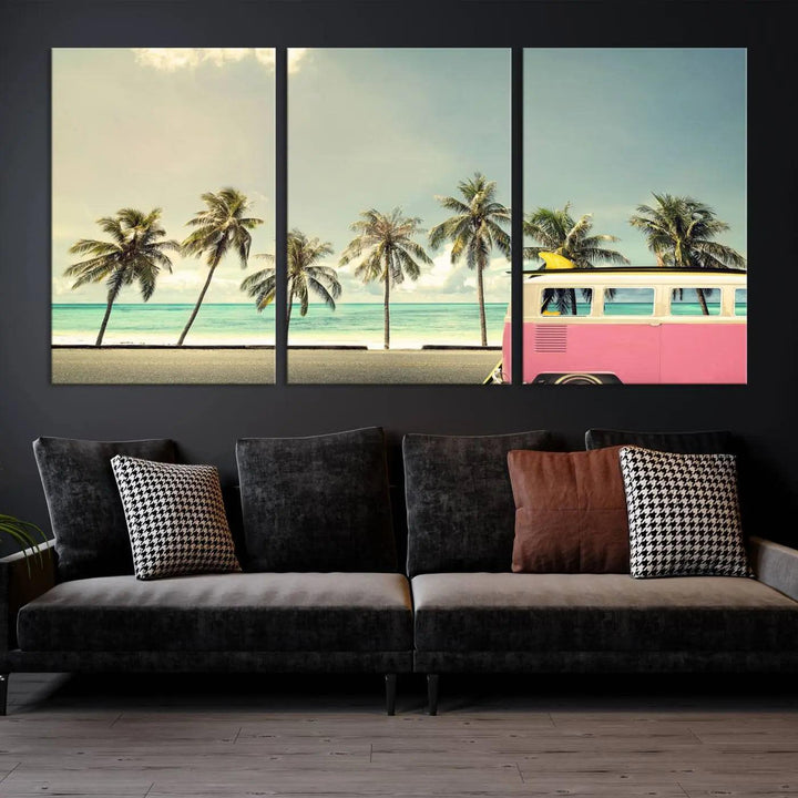 The Nostalgia Lovely Summer Day Canvas Wall Art Print in the modern living room showcases a tropical triptych with palm trees and a vintage van on museum-quality canvases, ready to hang.