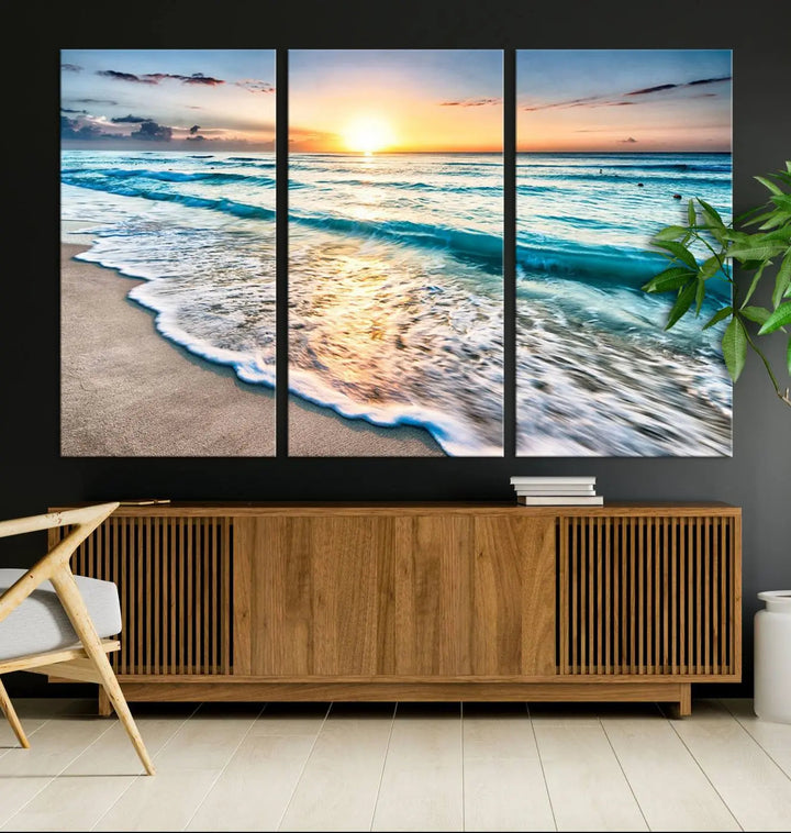 The living room showcases a three-panel canvas wall art titled Ocean Beach Canvas Wall Art Beach Canvas, capturing the essence of ocean waves meeting a tropical island beach sunset.