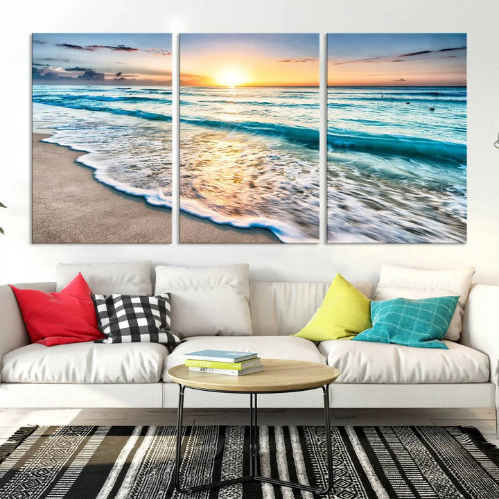 The living room showcases a three-panel canvas wall art titled Ocean Beach Canvas Wall Art Beach Canvas, capturing the essence of ocean waves meeting a tropical island beach sunset.