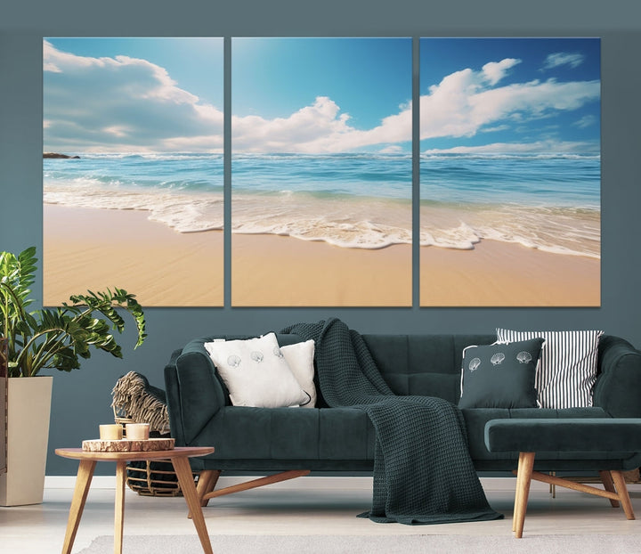 The Serene Ocean Canvas Print with a beach and sunset design hangs prominently.