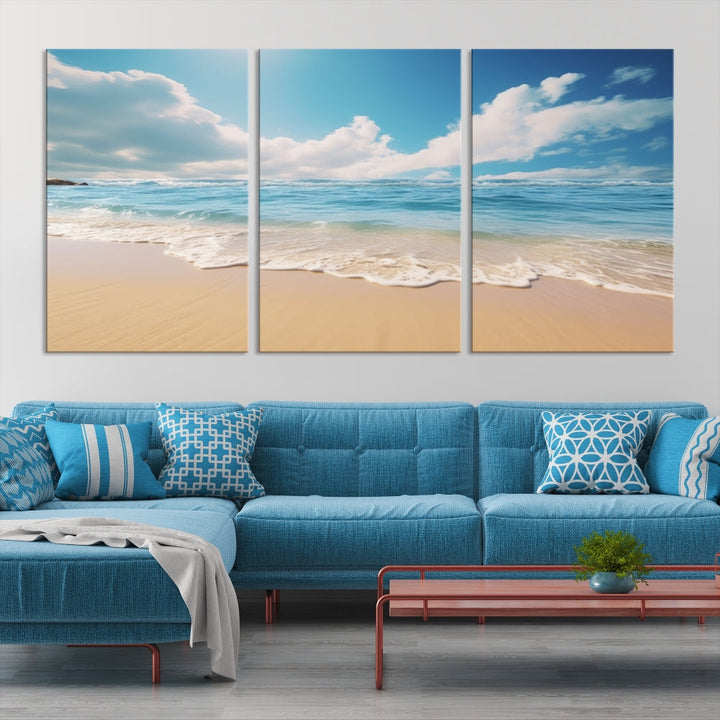 The Serene Ocean Canvas Print with a beach and sunset design hangs prominently.