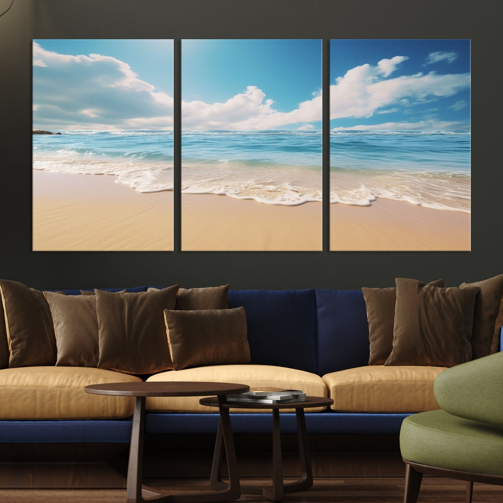 The Serene Ocean Canvas Print with a beach and sunset design hangs prominently.