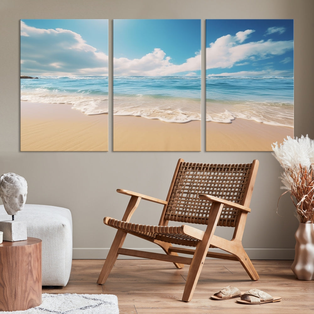 The Serene Ocean Canvas Print with a beach and sunset design hangs prominently.