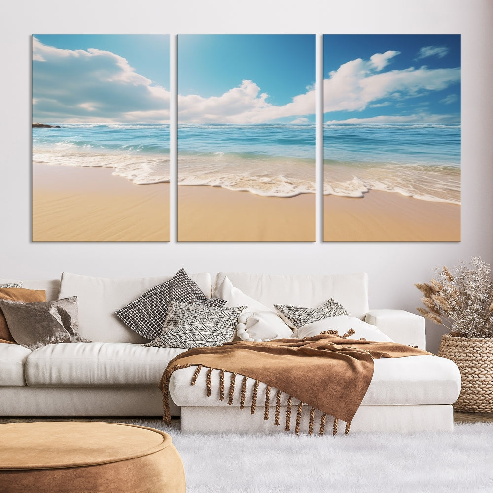 The Serene Ocean Canvas Print with a beach and sunset design hangs prominently.