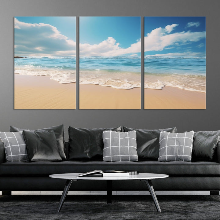 The Serene Ocean Canvas Print with a beach and sunset design hangs prominently.