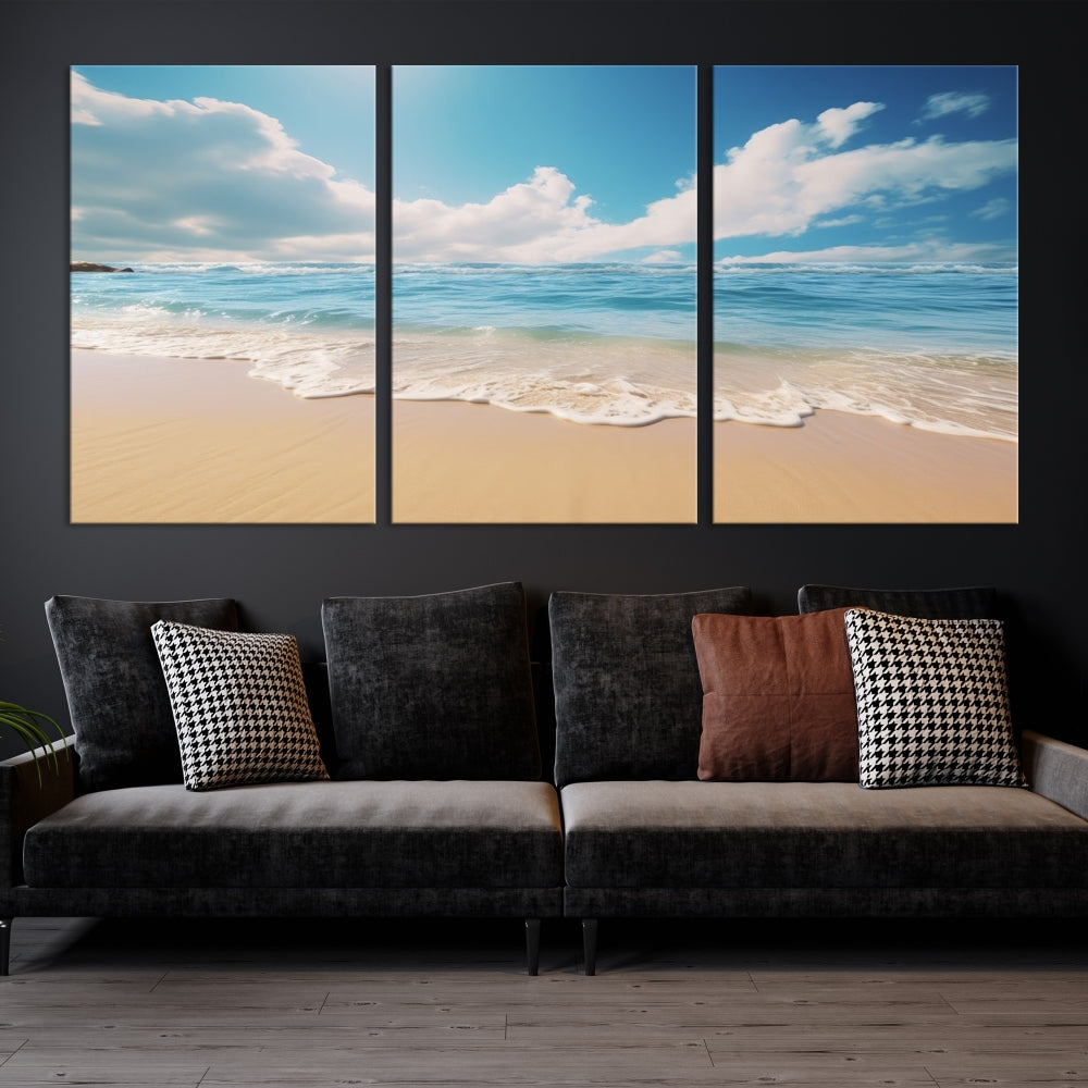 The Serene Ocean Canvas Print with a beach and sunset design hangs prominently.