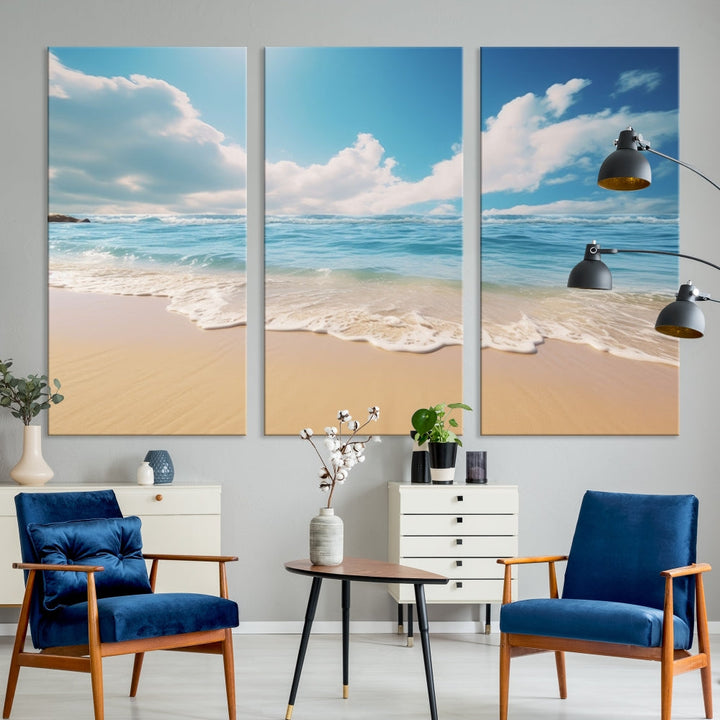 The Serene Ocean Canvas Print with a beach and sunset design hangs prominently.