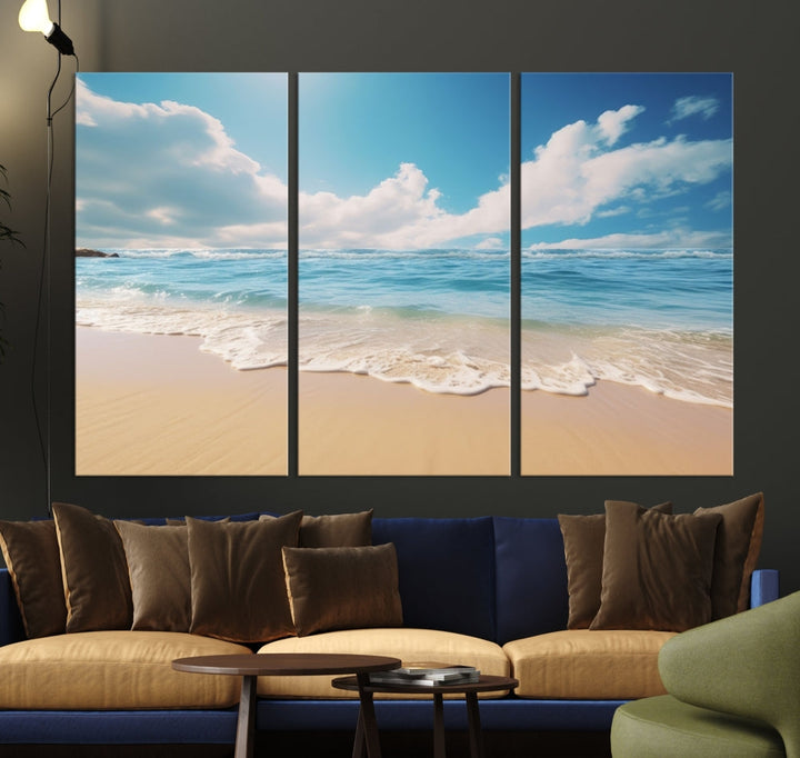 The Serene Ocean Canvas Print with a beach and sunset design hangs prominently.