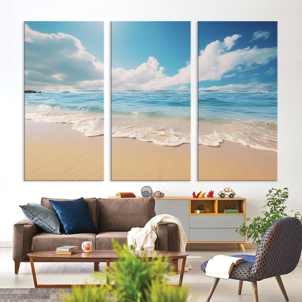 The Serene Ocean Canvas Print with a beach and sunset design hangs prominently.